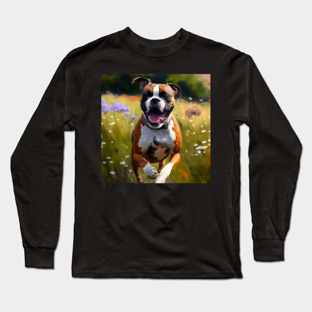 Wildflowers and Boxer Impressionist Art Print Long Sleeve T-Shirt by TheArtfulAllie